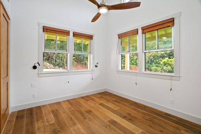 empty room featuring ceiling fan, a wealth of natural light, and wood-type flooring