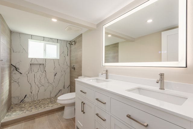 bathroom featuring toilet, tiled shower, and dual bowl vanity