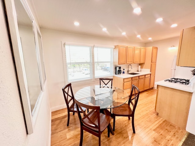 dining area with light hardwood / wood-style flooring and sink