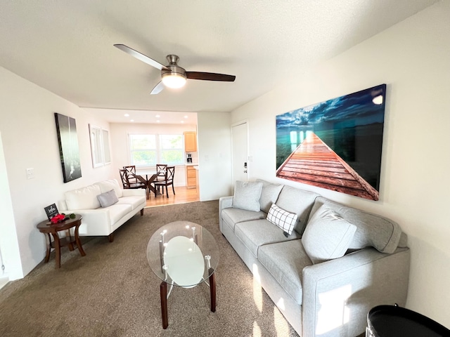 living room featuring ceiling fan and wood-type flooring