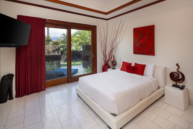 bedroom featuring light tile patterned floors, crown molding, and access to exterior