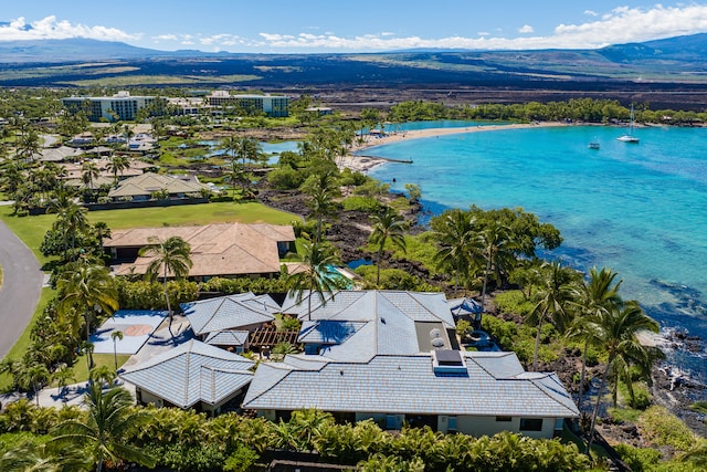 bird's eye view featuring a water and mountain view