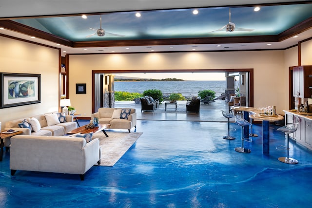 interior space featuring a water view