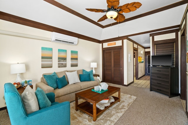 carpeted living room with ceiling fan, ornamental molding, and a wall unit AC