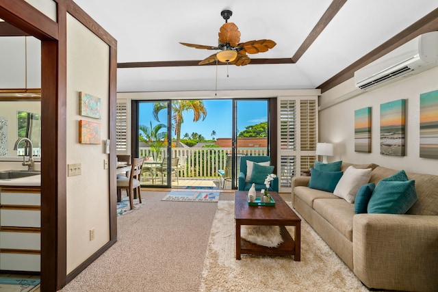 carpeted living room featuring a wall mounted AC, ceiling fan, and sink