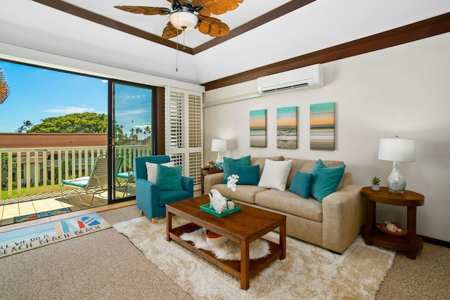 living room with lofted ceiling, ceiling fan, a wall unit AC, and carpet