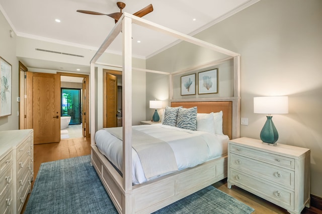 bedroom with crown molding, ceiling fan, and light hardwood / wood-style floors