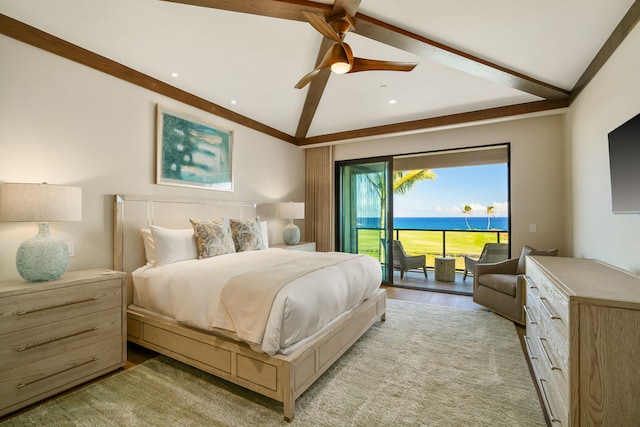 bedroom featuring access to outside, light hardwood / wood-style floors, vaulted ceiling with beams, and ceiling fan