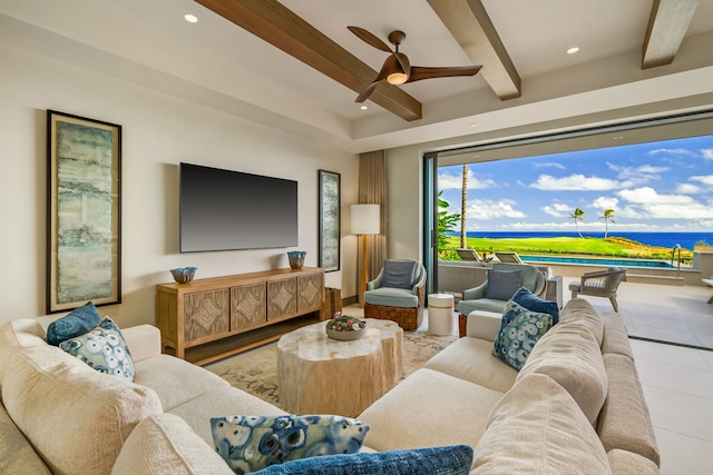 tiled living room featuring ceiling fan and beam ceiling