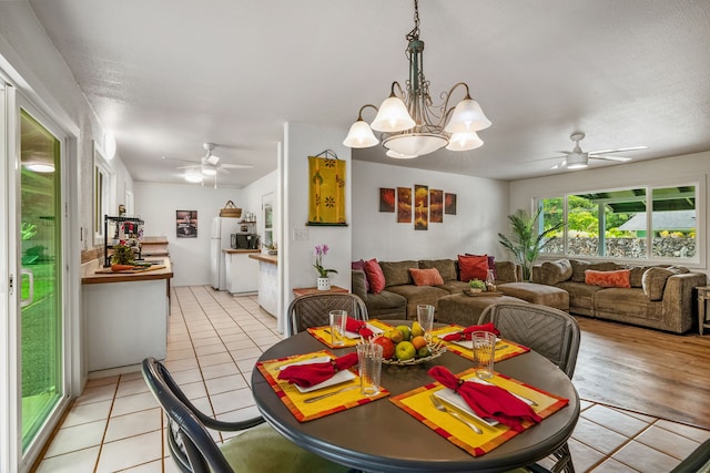 dining room with a textured ceiling, ceiling fan with notable chandelier, and light hardwood / wood-style flooring