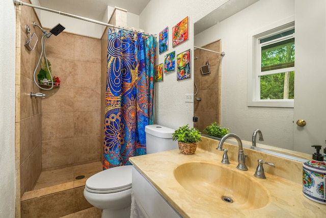 bathroom with vanity, toilet, and a shower with shower curtain