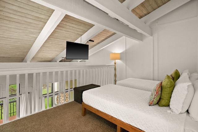 carpeted bedroom featuring vaulted ceiling with beams and wooden ceiling