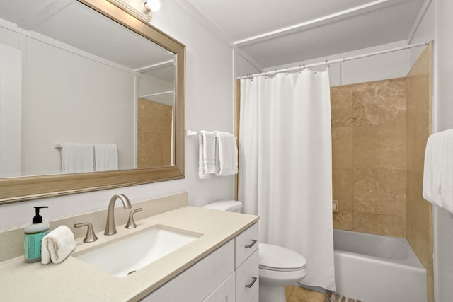 full bathroom featuring tile patterned floors, shower / bathtub combination with curtain, toilet, and vanity