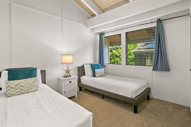 carpeted bedroom featuring wooden ceiling and vaulted ceiling with beams