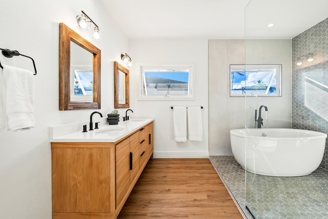 bathroom with a healthy amount of sunlight, a freestanding tub, a sink, and wood finished floors