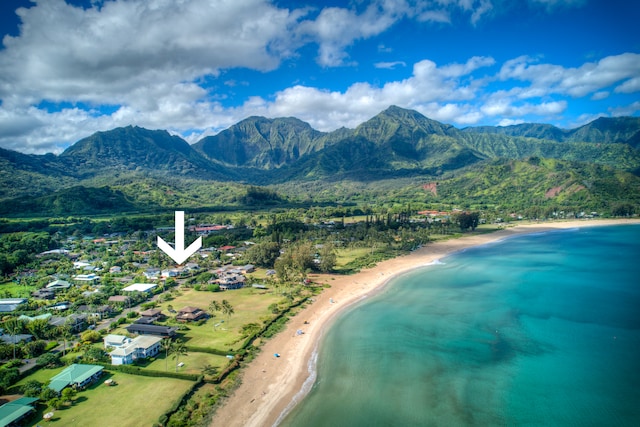 bird's eye view featuring a view of the beach and a water and mountain view