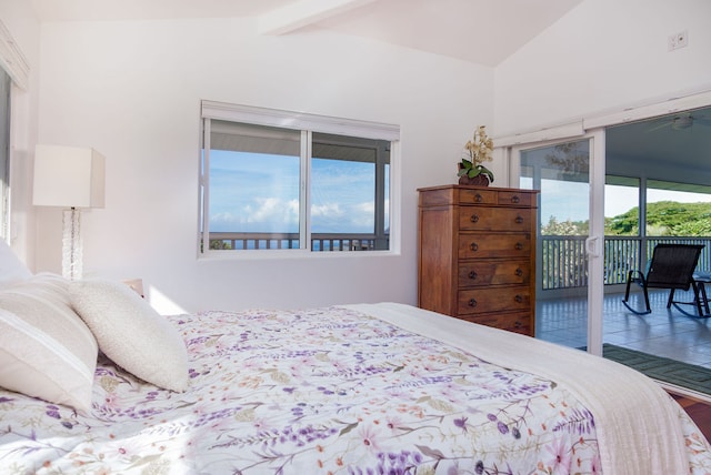 bedroom with hardwood / wood-style floors, vaulted ceiling with beams, and access to outside