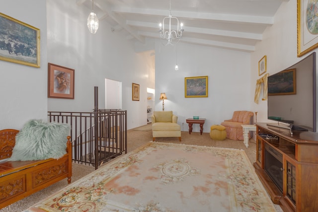 living area featuring carpet floors, high vaulted ceiling, a chandelier, and beamed ceiling