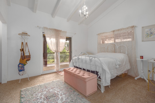 carpeted bedroom with beamed ceiling, access to outside, a chandelier, and high vaulted ceiling