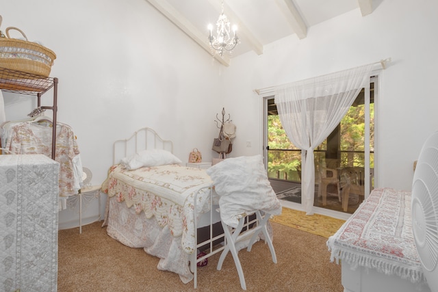 carpeted bedroom with a chandelier, lofted ceiling with beams, and access to outside