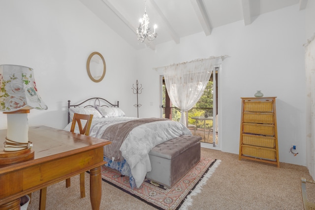 carpeted bedroom featuring beamed ceiling, high vaulted ceiling, and a notable chandelier