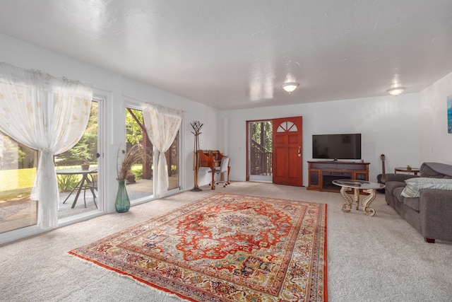 living room with light colored carpet