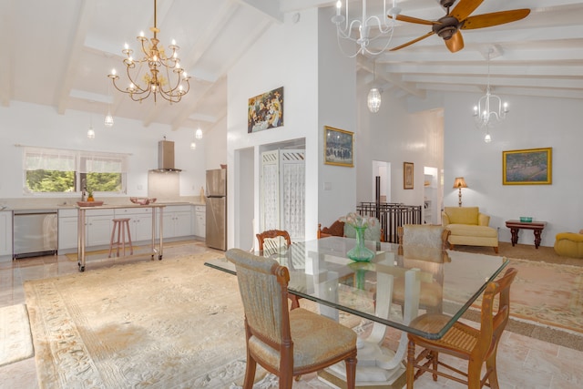 tiled dining space with high vaulted ceiling, ceiling fan with notable chandelier, and beamed ceiling