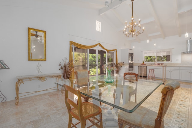 dining area featuring a chandelier, high vaulted ceiling, beam ceiling, sink, and light tile patterned flooring