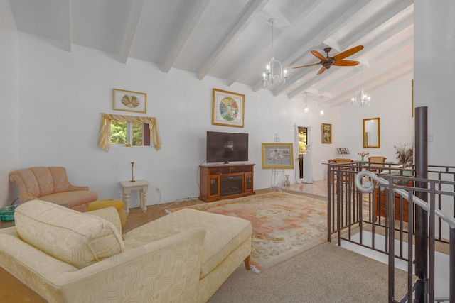 living room with beamed ceiling, ceiling fan with notable chandelier, high vaulted ceiling, and carpet floors