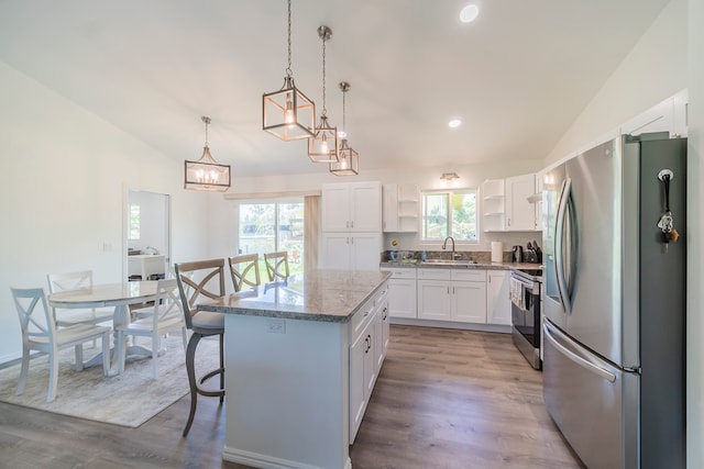 kitchen featuring light hardwood / wood-style flooring, stainless steel appliances, a healthy amount of sunlight, and a kitchen island