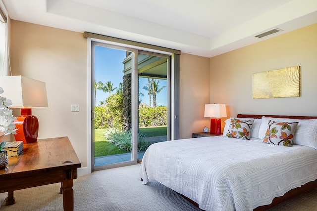 bedroom featuring a tray ceiling, access to exterior, and carpet