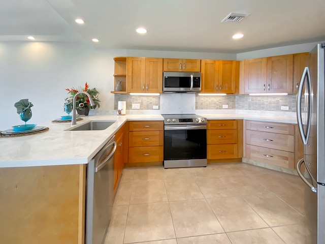 kitchen with stainless steel appliances, backsplash, sink, and kitchen peninsula