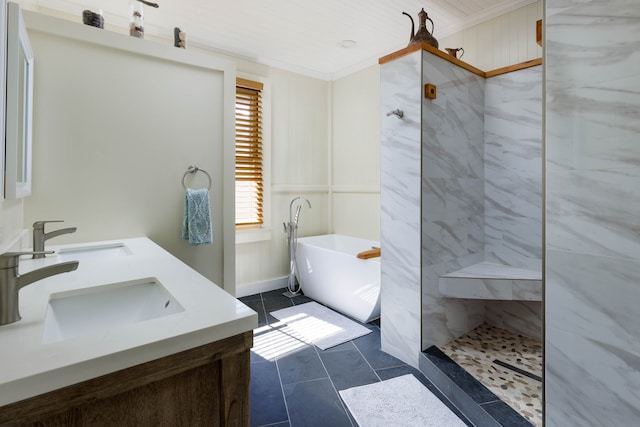 bathroom featuring crown molding, vanity, independent shower and bath, and tile patterned flooring