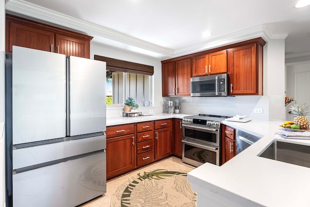 kitchen featuring crown molding, light tile patterned floors, and stainless steel appliances