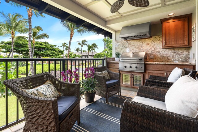 balcony with area for grilling, ceiling fan, and sink