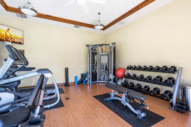 workout area featuring crown molding, ceiling fan, a tray ceiling, and hardwood / wood-style flooring