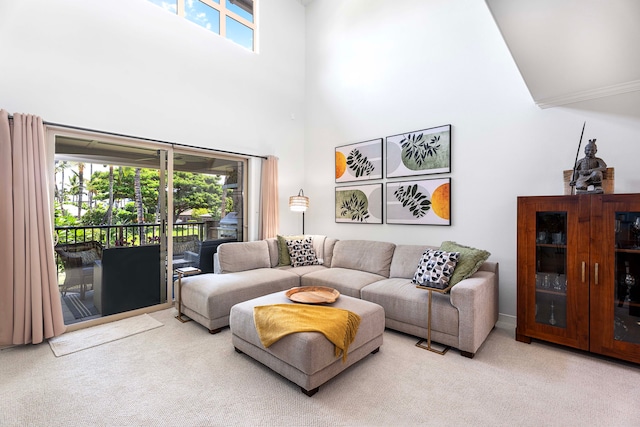 living room featuring a high ceiling and carpet