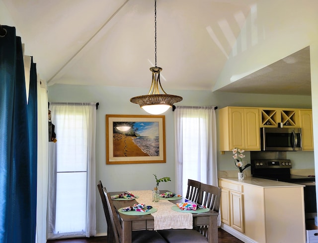 dining area featuring vaulted ceiling and hardwood / wood-style floors