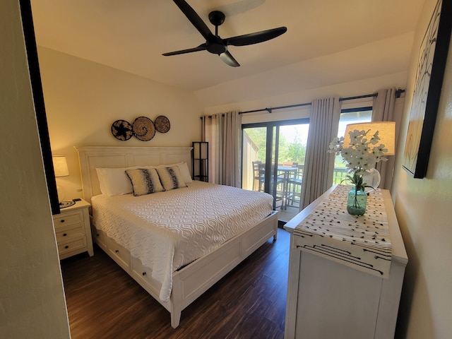 bedroom with ceiling fan, dark wood-type flooring, and access to exterior