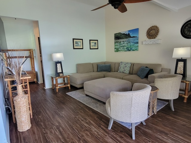 living room with high vaulted ceiling, ceiling fan, and dark hardwood / wood-style floors