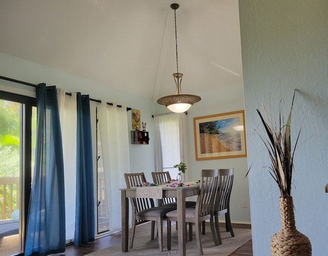 dining area with vaulted ceiling and dark hardwood / wood-style flooring