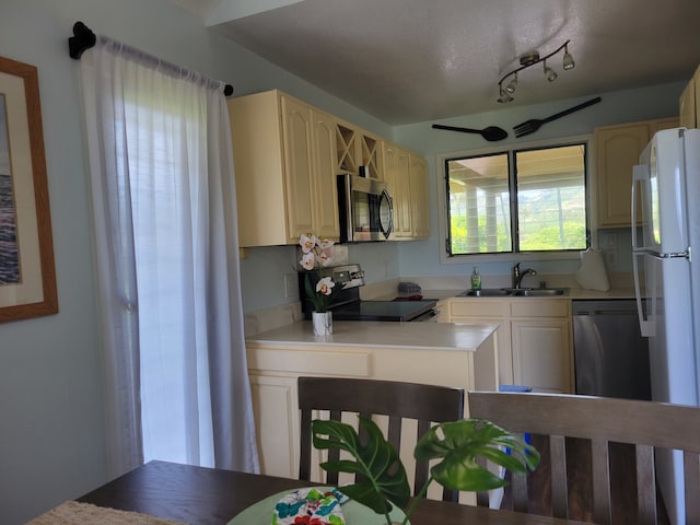 kitchen with appliances with stainless steel finishes, a textured ceiling, rail lighting, and sink