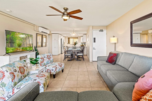 tiled living room featuring ceiling fan with notable chandelier and a wall unit AC