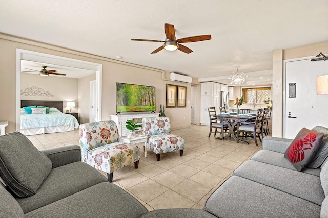 tiled living room featuring ceiling fan with notable chandelier and a wall mounted air conditioner