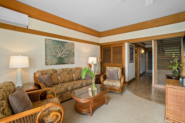 tiled living room with ceiling fan and a wall unit AC