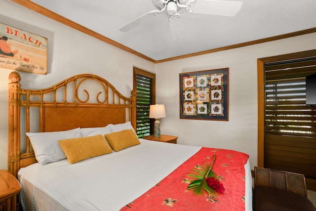 bedroom with ceiling fan and ornamental molding