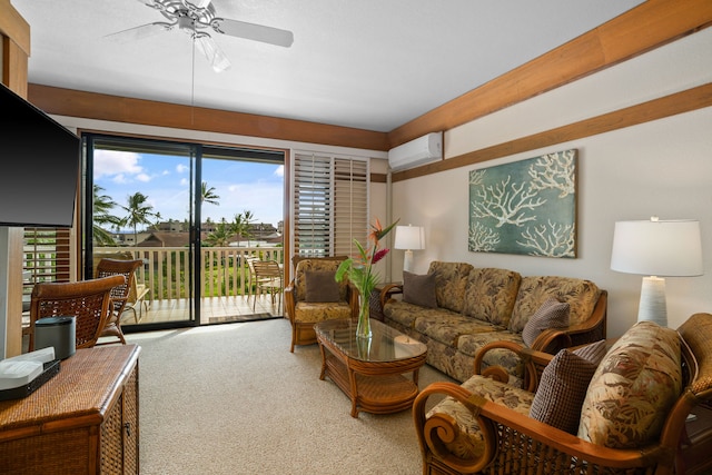 living room with ceiling fan, a wall mounted air conditioner, and carpet flooring