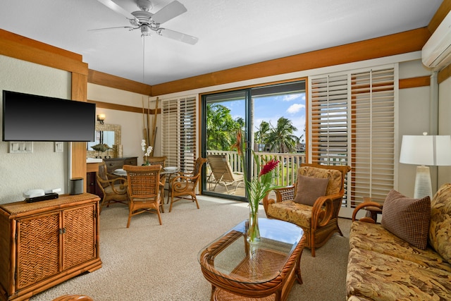 carpeted living room with ceiling fan and a wall mounted air conditioner