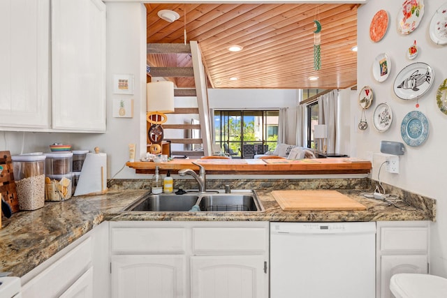 kitchen featuring recessed lighting, wood ceiling, white cabinetry, a sink, and dishwasher