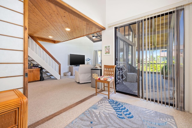 interior space with recessed lighting, wooden ceiling, and stairway